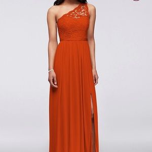 David’s Bridal long one shoulder lace dress